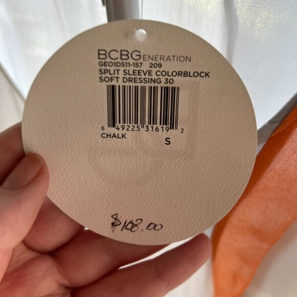 NWT BCBGeneration Colorblock Blouse S Split Sleeve Tie Accent Orange White Gray - Picture 6 of 12